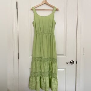 J Jill linen maxi dress, tiered skirt, lace detail, soft light green